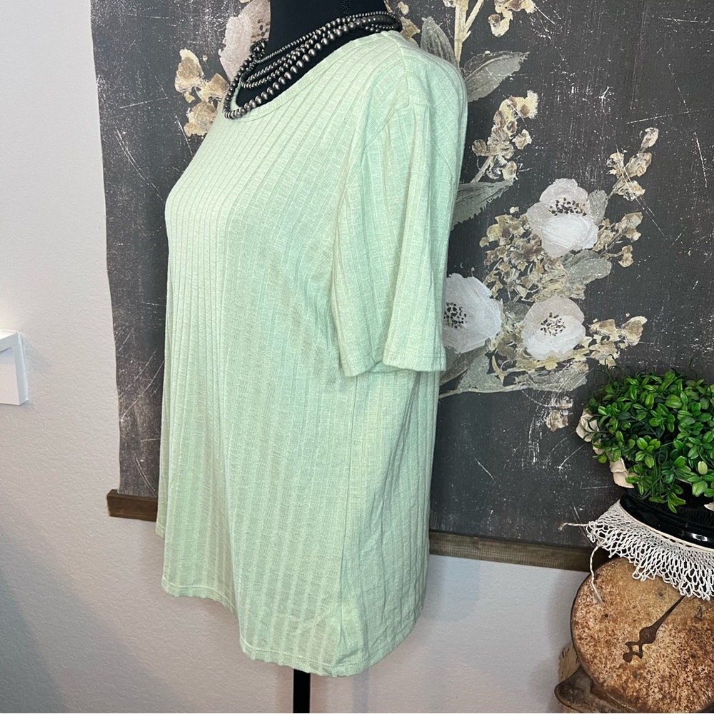 Vintage America Pastel Mint Sage Green Basic Ribbed Tee Shirt Blouse Sz L - Picture 2 of 7